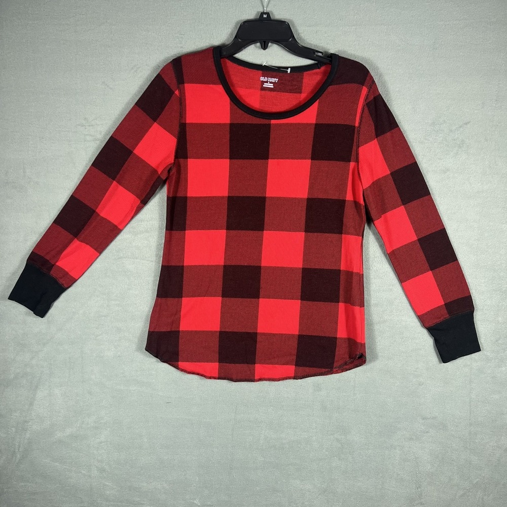 Old Navy Women's L Large Red Black Buffalo Plaid Waffle Knit Thermal Long Sleeve